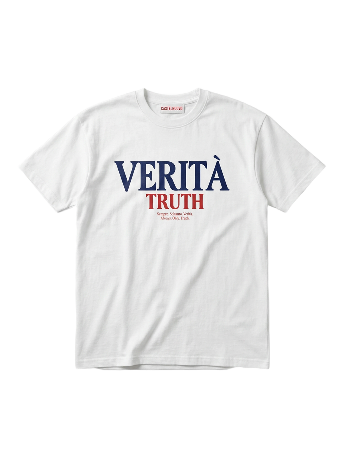 Verita Tee in white, men's cut, flat lay